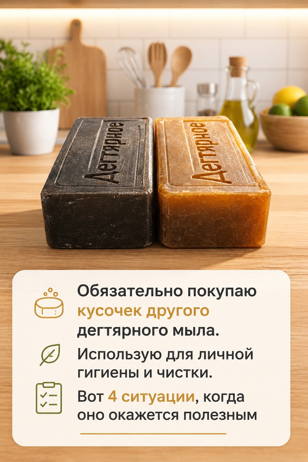 Обязательно покупаю кусочек другой дегтярного мыла. Использую для личной гигиены и чистки. Вот 7 ситуации, когда оно окажется полезным